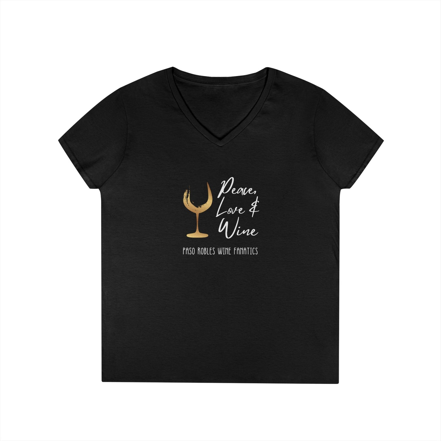 Peace, Love & Wine Gold Glass Ladies V-Neck Tee