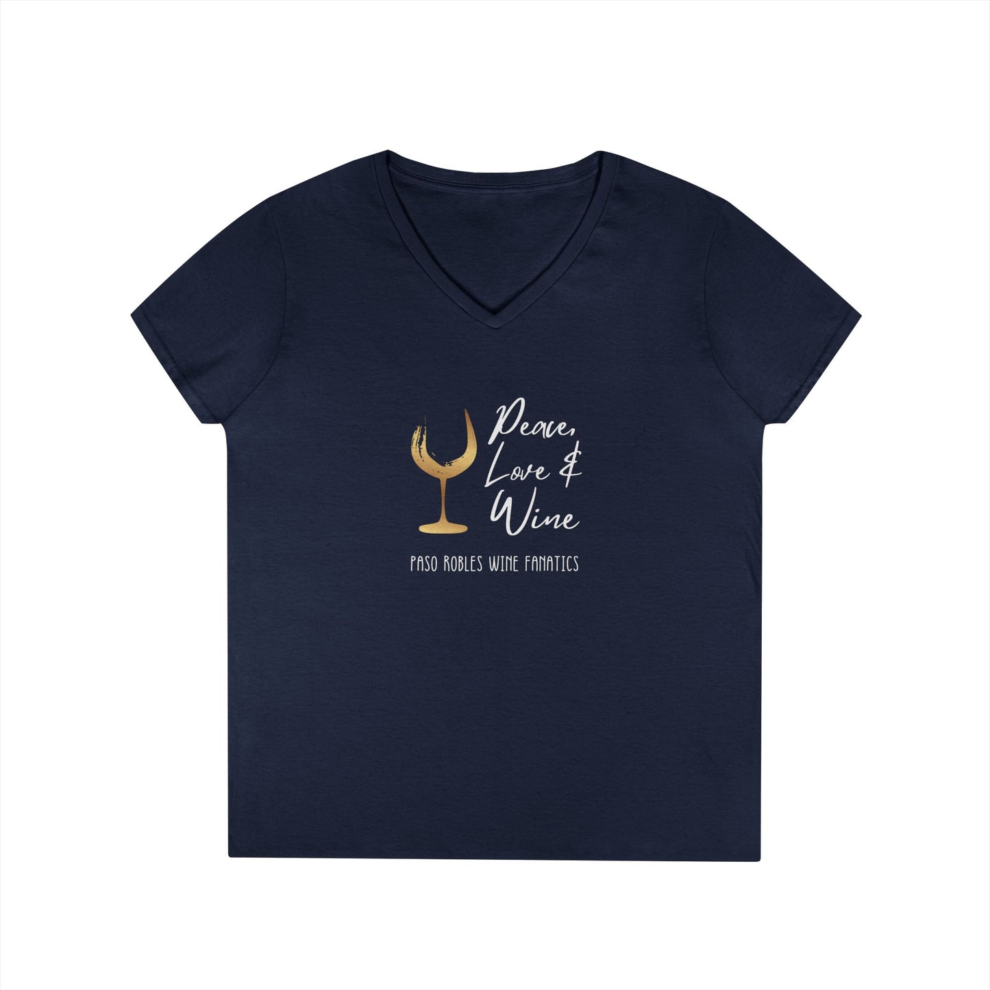 Peace, Love & Wine Gold Glass Ladies V-Neck Tee