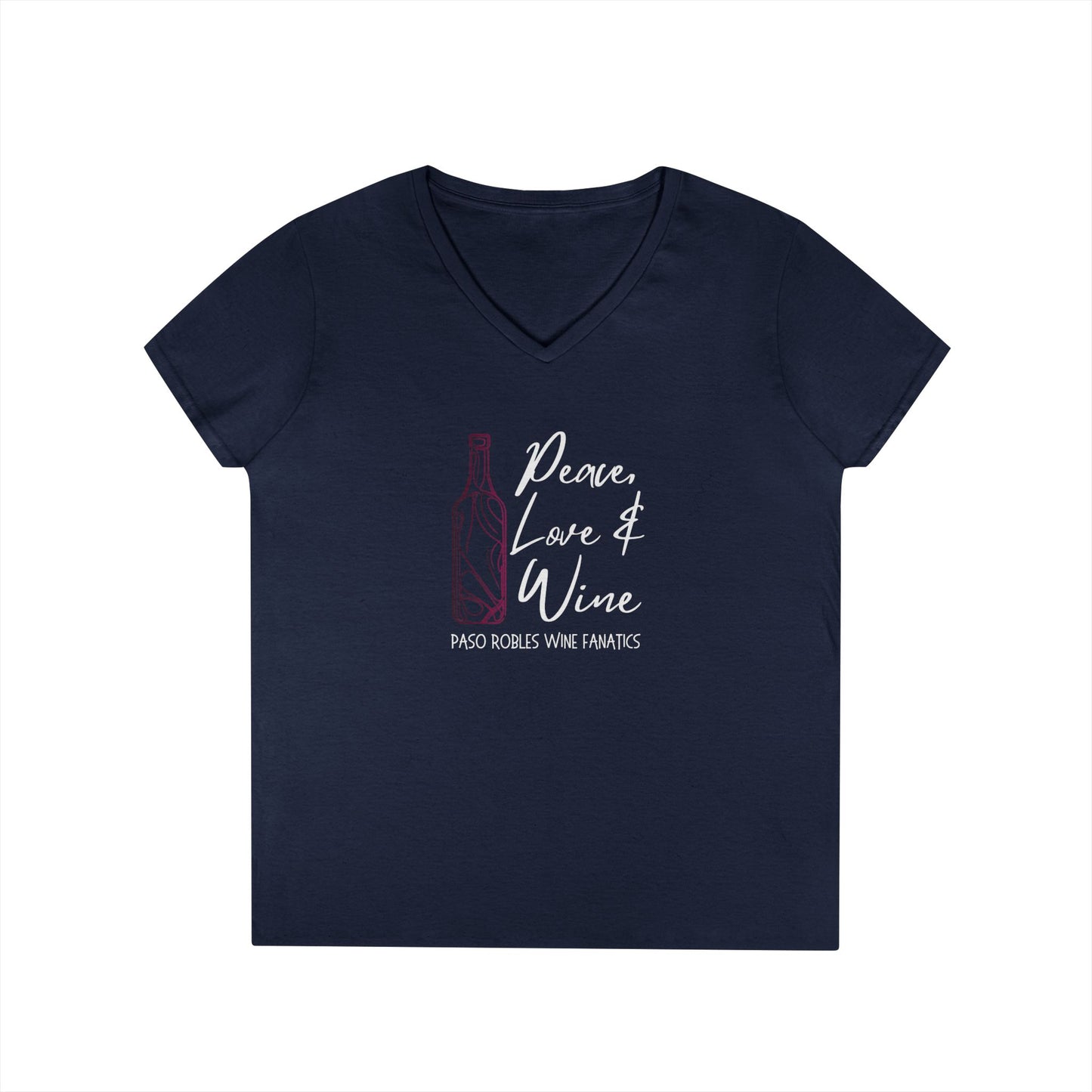 Peace, Love & Wine Bottle Ladies V-Neck Tee