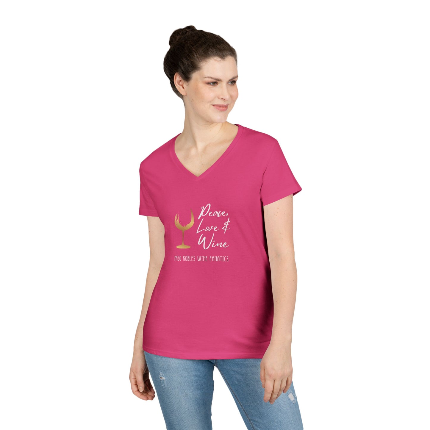 Peace, Love & Wine Gold Glass Ladies V-Neck Tee