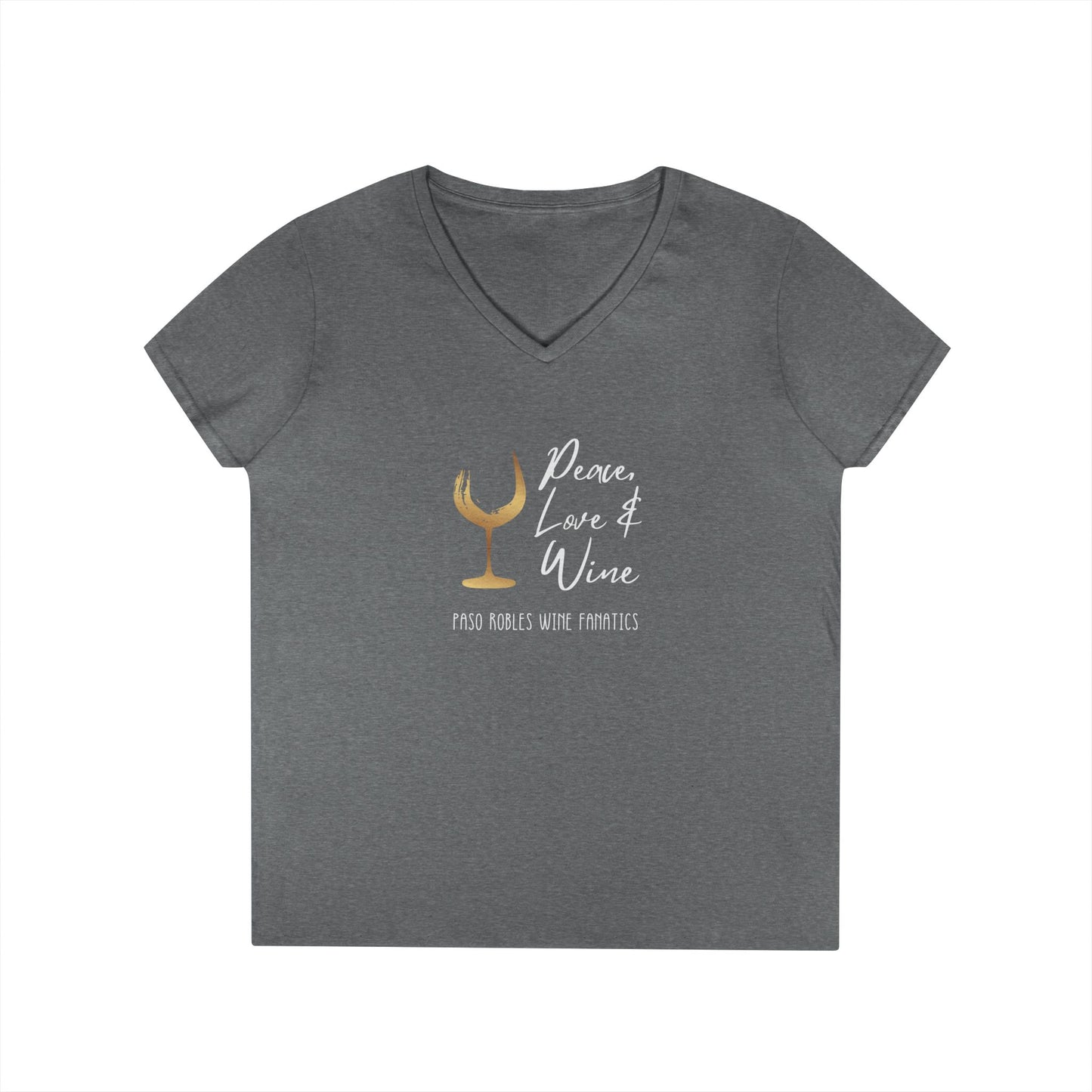 Peace, Love & Wine Gold Glass Ladies V-Neck Tee