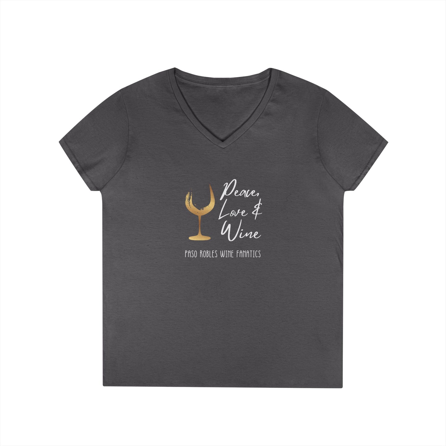 Peace, Love & Wine Gold Glass Ladies V-Neck Tee