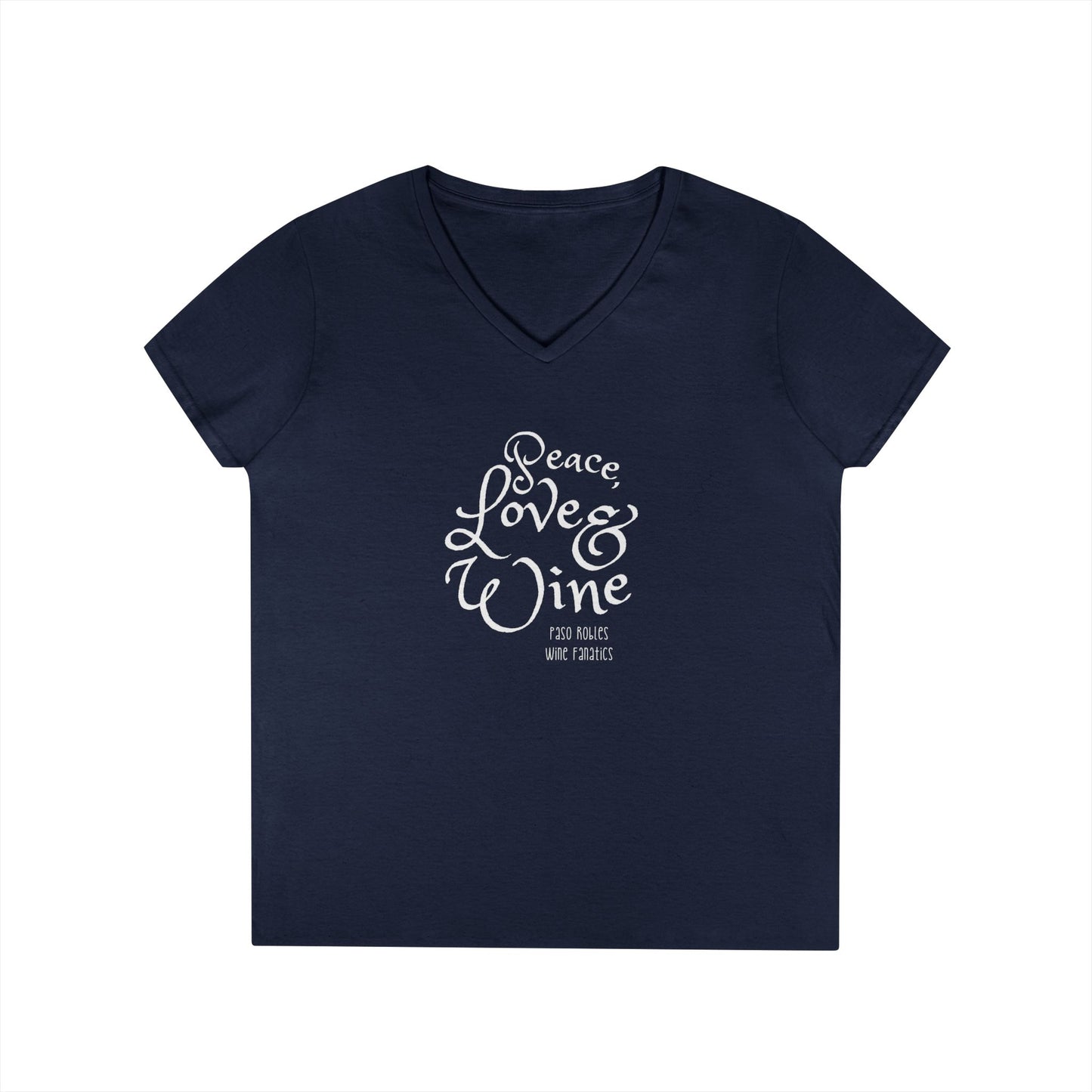 Peace, Love & Wine Text Ladies V-Neck Tee
