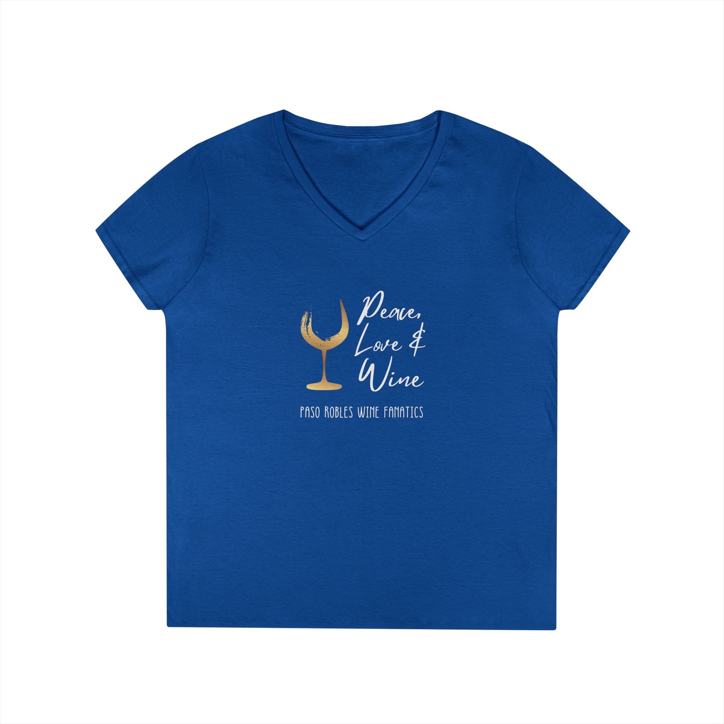 Peace, Love & Wine Gold Glass Ladies V-Neck Tee