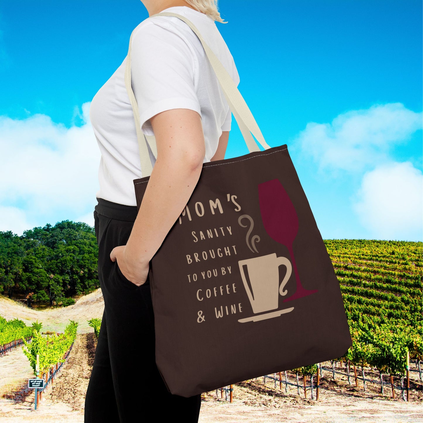Mom's sanity brought to you by Coffee & Wine tote bag