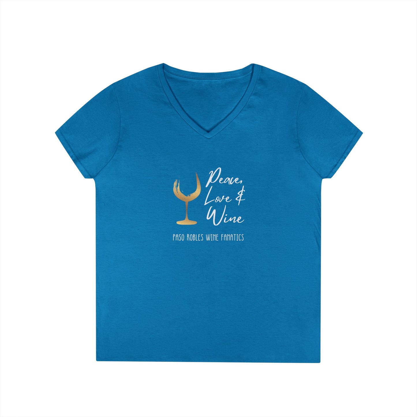 Peace, Love & Wine Gold Glass Ladies V-Neck Tee