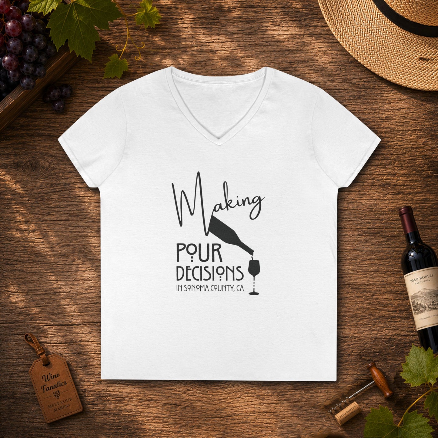 Making Pour Decisions in Sonoma, CA Ladies V-Neck Tee
