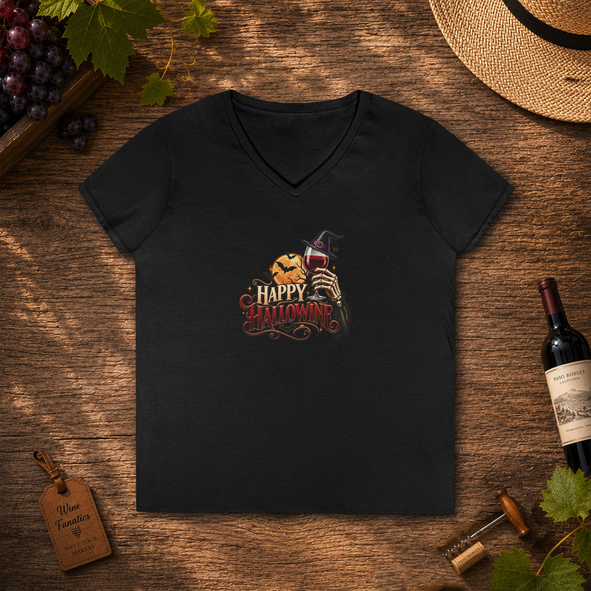 Happy Hallowine Ladies V-Neck Tee