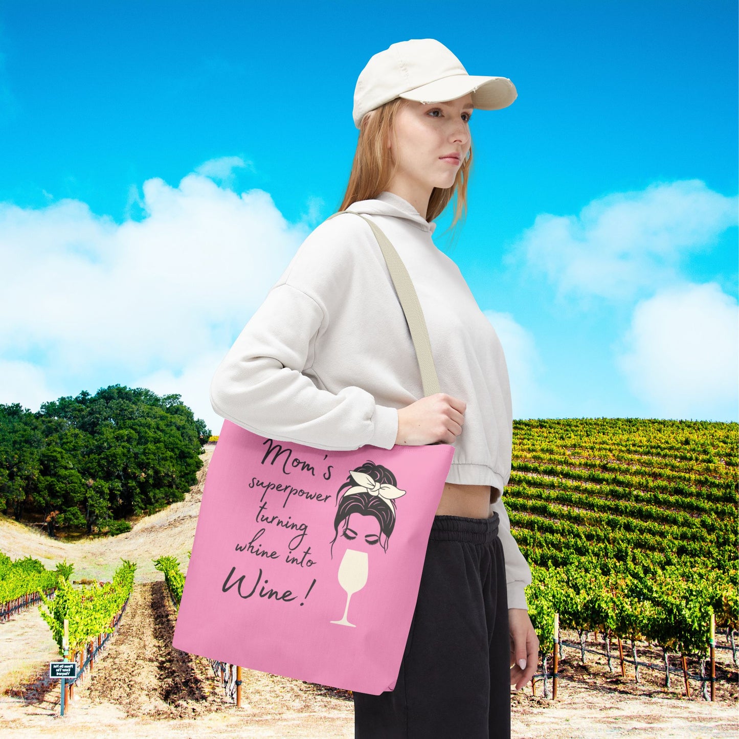 Mom's superpower, turning whine into Wine! Tote Bag