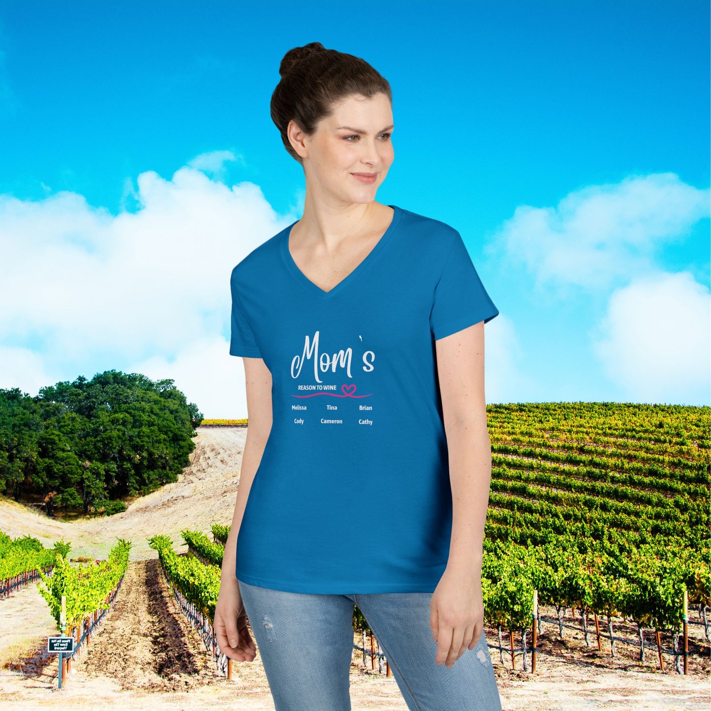 Mom's Reason To Wine Personalized Ladies V-Neck Tee