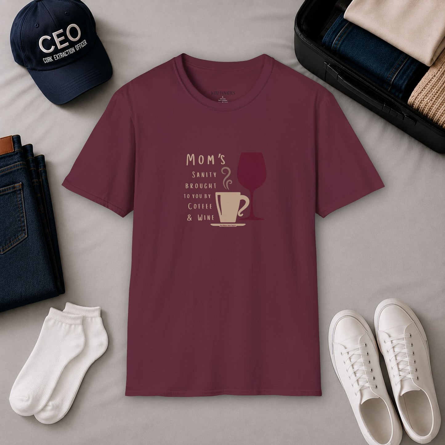 Mom's sanity brought to you by Coffee & Wine Crewneck Tee