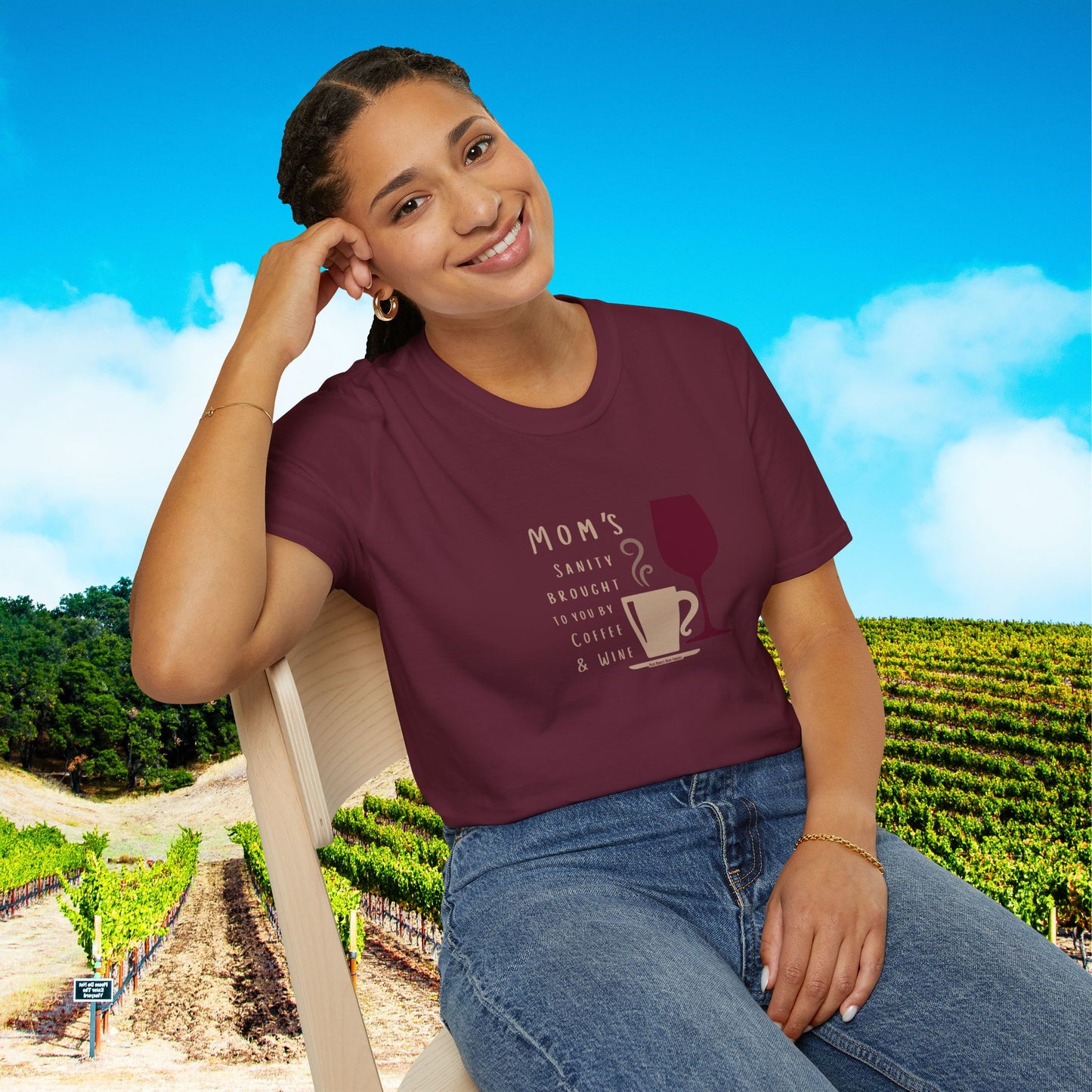 Mom's sanity brought to you by Coffee & Wine Personalized Tee