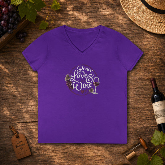 Peace, Love & Wine Text Ladies V-Neck Tee