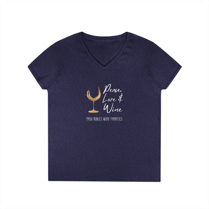 Peace, Love & Wine Gold Glass Ladies V-Neck Tee
