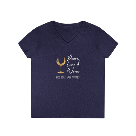 Peace, Love & Wine Gold Glass Ladies V-Neck Tee