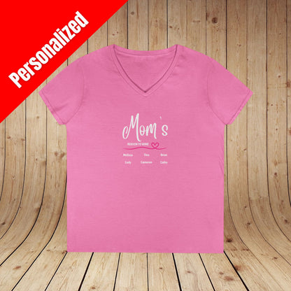Mom's Reason To Wine Personalized Ladies V-Neck Tee