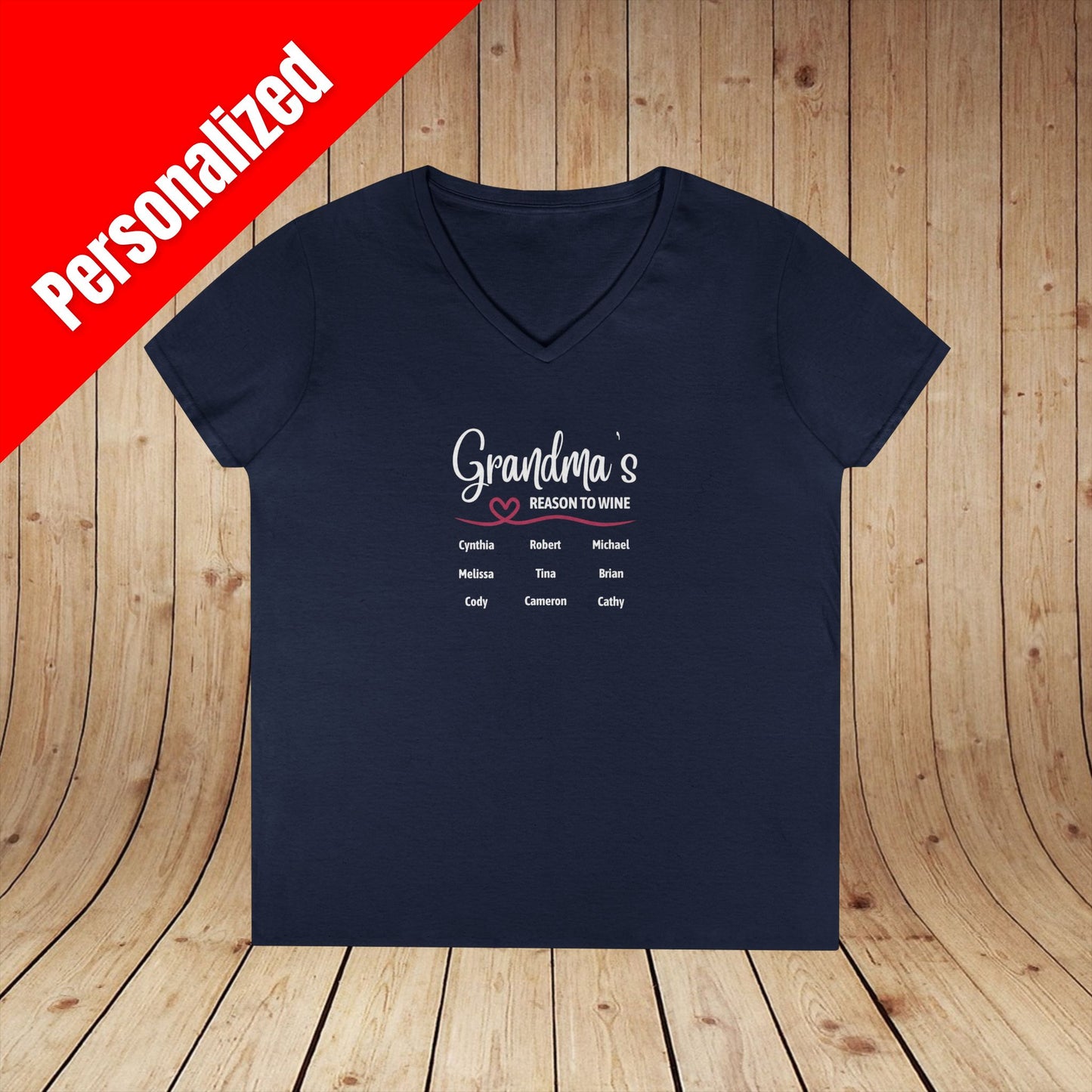 Grandma's Reason To Wine Personalized Ladies V-Neck Tee