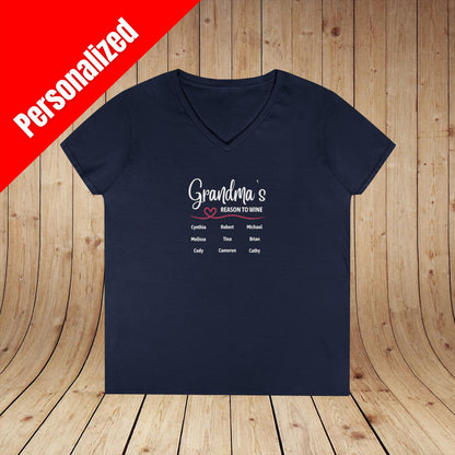 Grandma's Reason To Wine Personalized Ladies V-Neck Tee