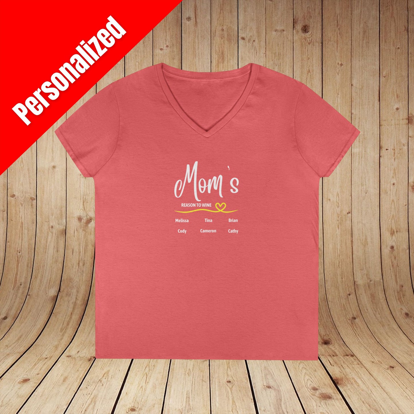 Mom's Reason To Wine Personalized Ladies V-Neck Tee