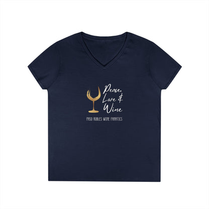 Peace, Love & Wine Gold Glass Ladies V-Neck Tee