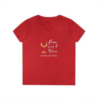 Peace, Love & Wine Gold Glass Ladies V-Neck Tee