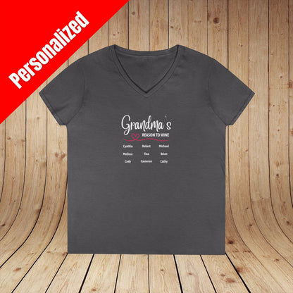 Grandma's Reason To Wine Personalized Ladies V-Neck Tee