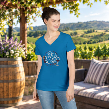 Peace, Love & Wine Text Ladies V-Neck T-Shirt