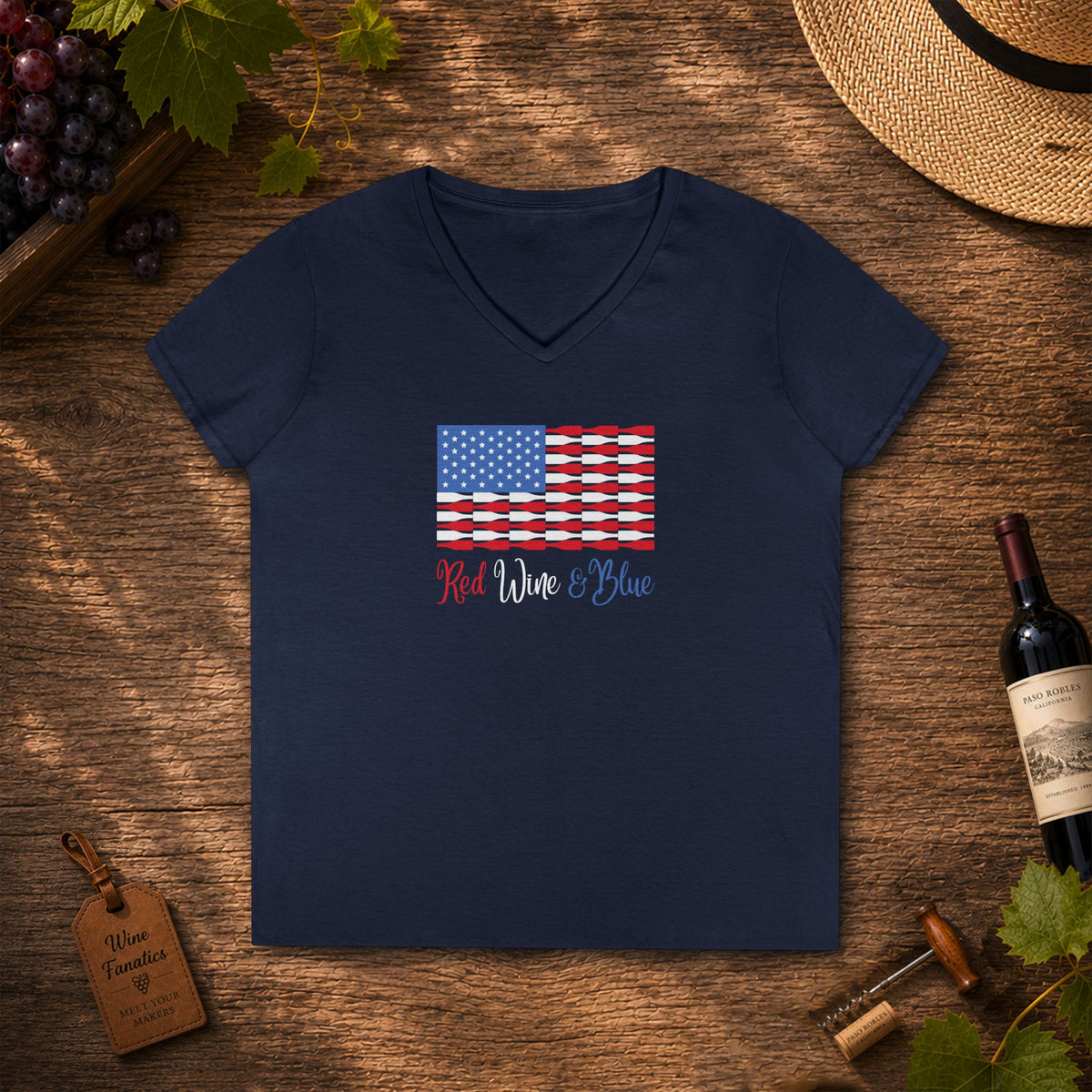 Red Wine & Blue Independence Day Ladies V-Neck T-Shirt