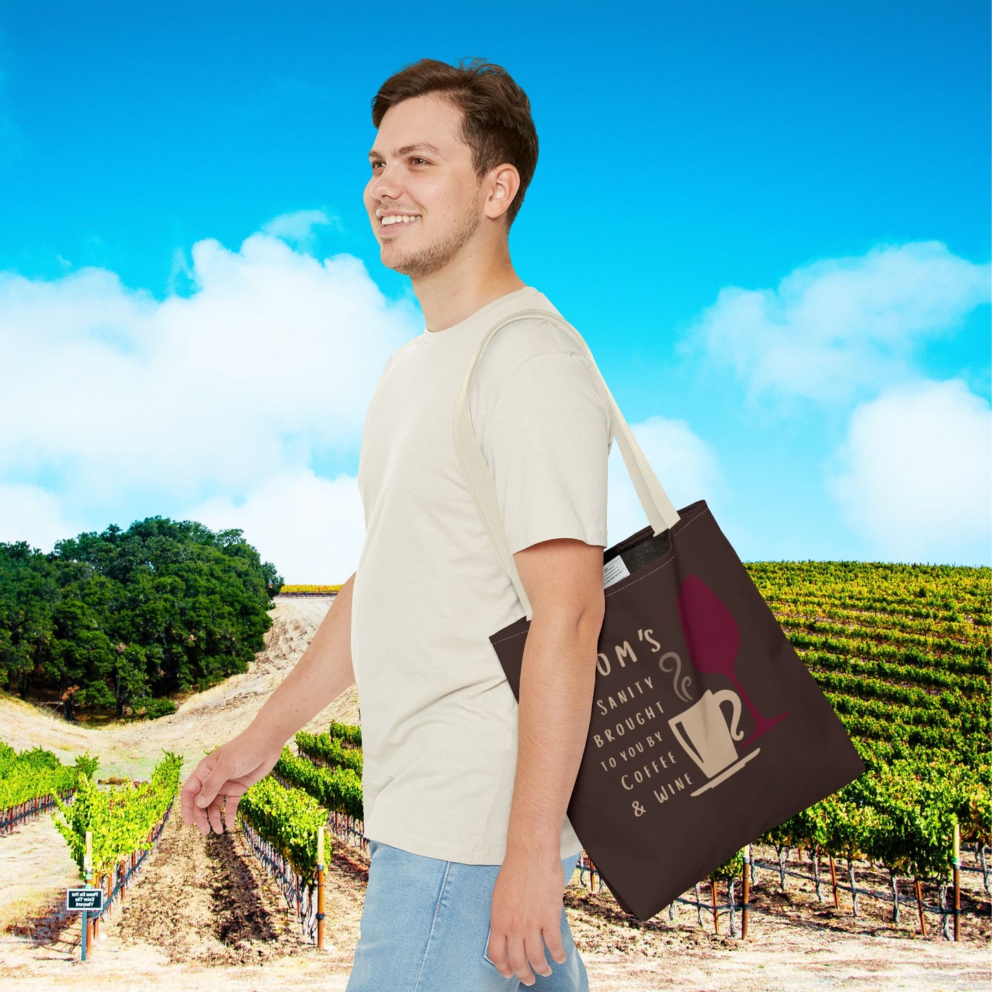 Mom's sanity brought to you by Coffee & Wine tote bag