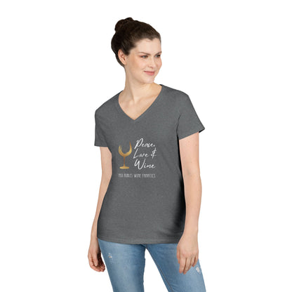Peace, Love & Wine Gold Glass Ladies V-Neck Tee