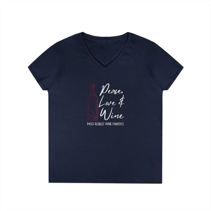 Peace, Love & Wine Bottle Ladies V-Neck Tee