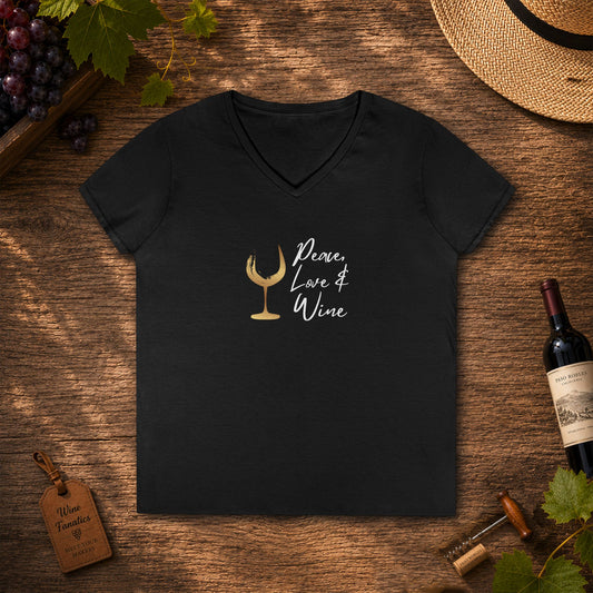 Peace, Love & Wine Gold Glass Ladies V-Neck Tee