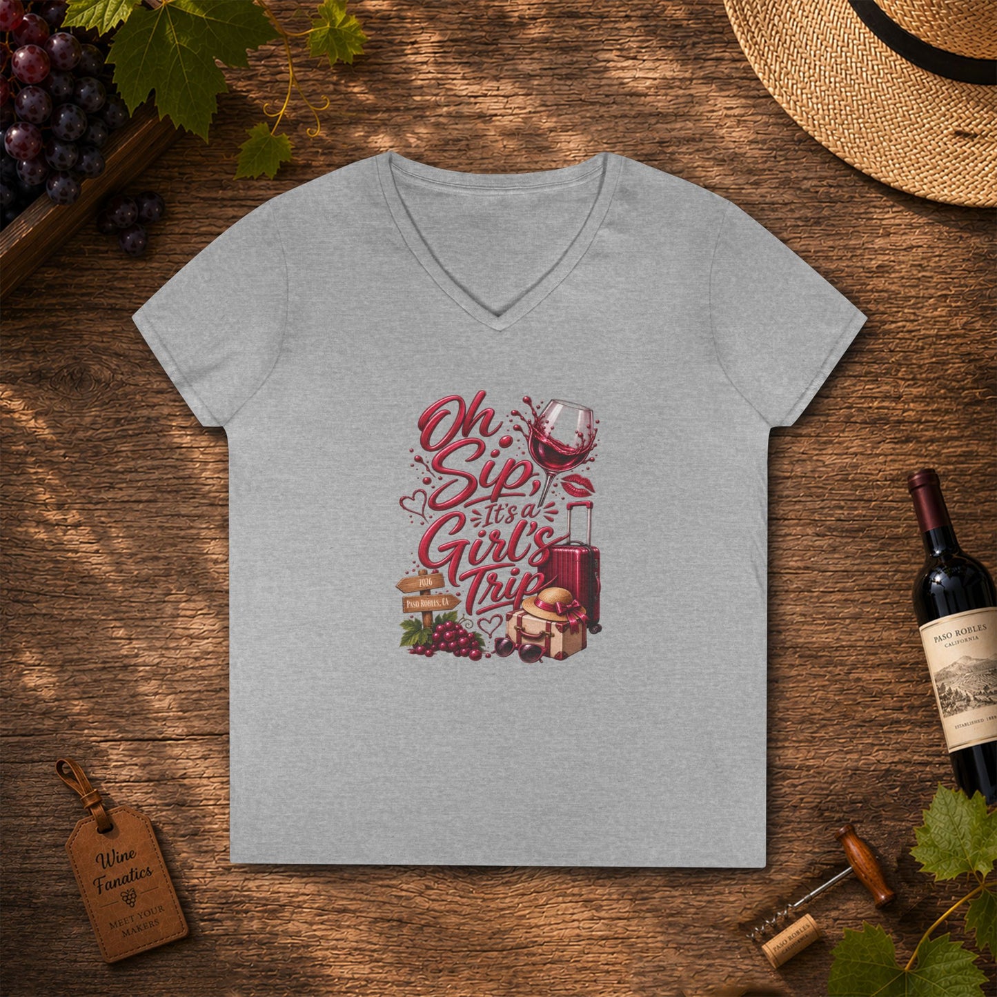 Oh Sip It's A Girl's Trip Personalized Ladies V-Neck Tee