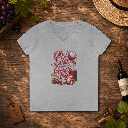 Oh Sip It's A Girl's Trip Personalized Ladies V-Neck Tee
