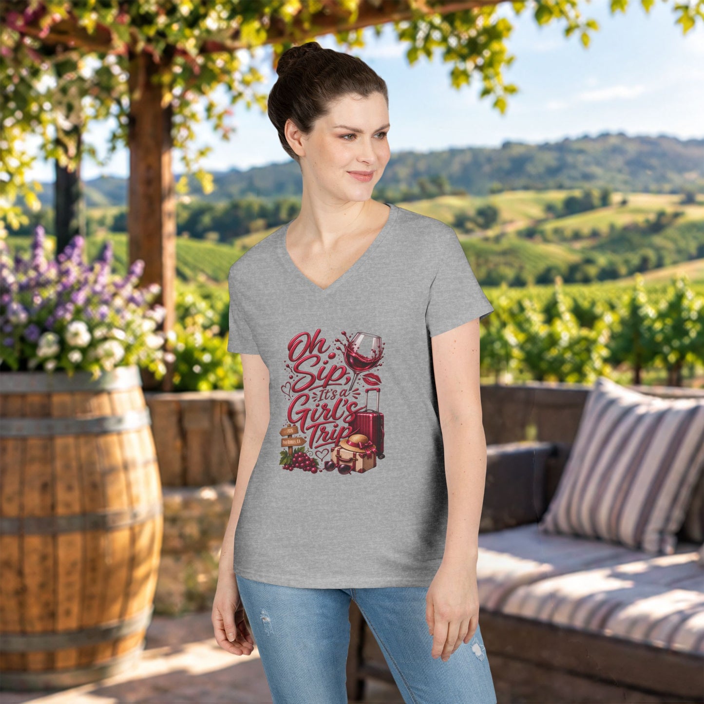 Oh Sip It's A Girl's Trip Personalized Ladies V-Neck Tee