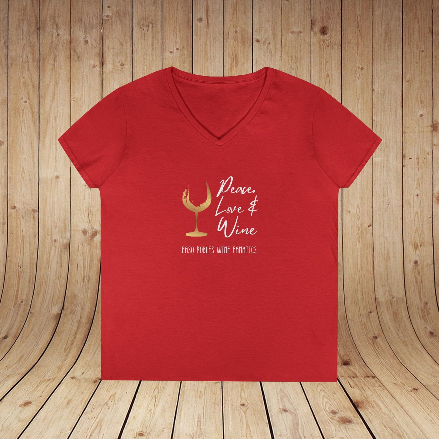 Peace, Love & Wine Gold Glass Ladies V-Neck Tee