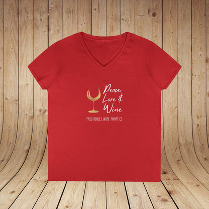 Peace, Love & Wine Gold Glass Ladies V-Neck Tee