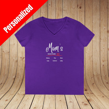 Mom's Reason To Wine Personalized Ladies V-Neck Tee