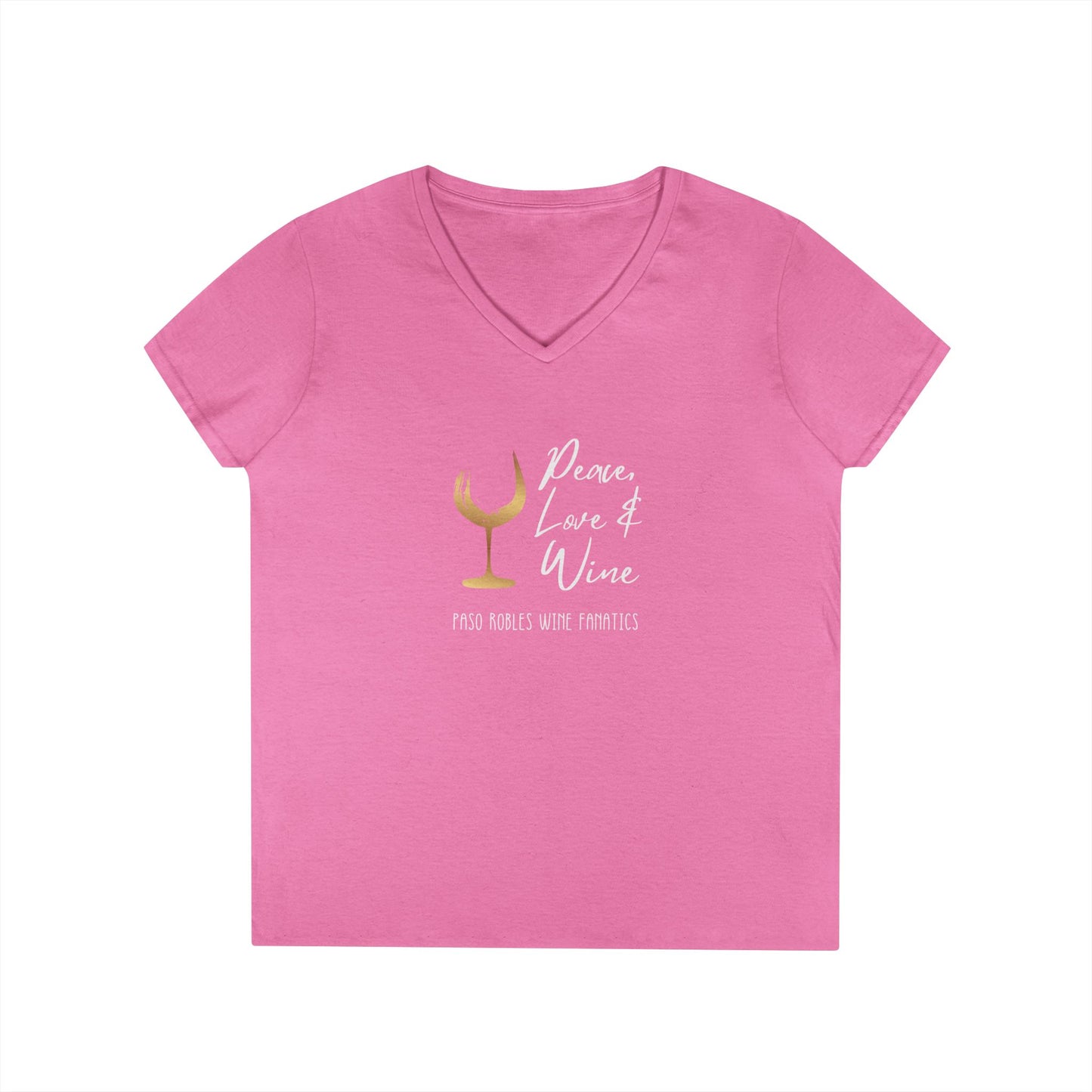 Peace, Love & Wine Gold Glass Ladies V-Neck Tee