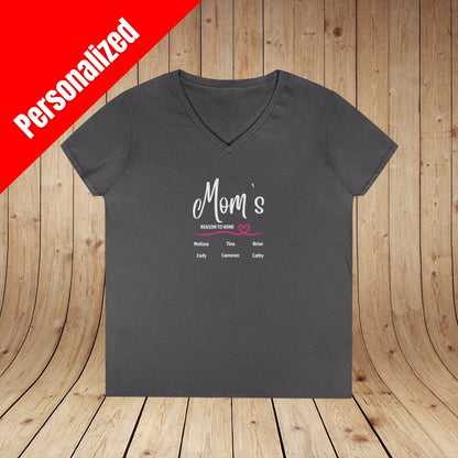 Mom's Reason To Wine Personalized Ladies V-Neck Tee