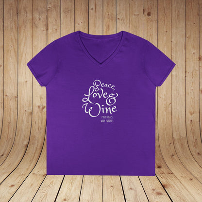 Peace, Love & Wine Text Ladies V-Neck Tee