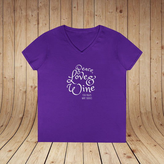 Peace, Love & Wine Text Ladies V-Neck Tee