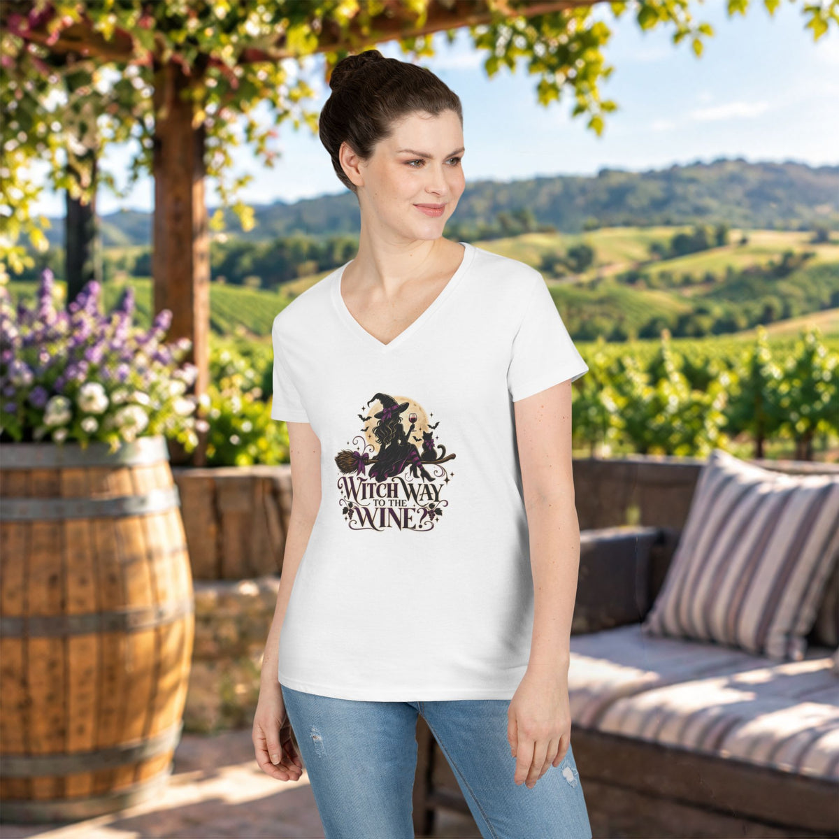 Witch Way To The Wine Ladies V-Neck T-Shirt