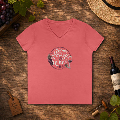 Peace, Love & Wine Text Ladies V-Neck T-Shirt