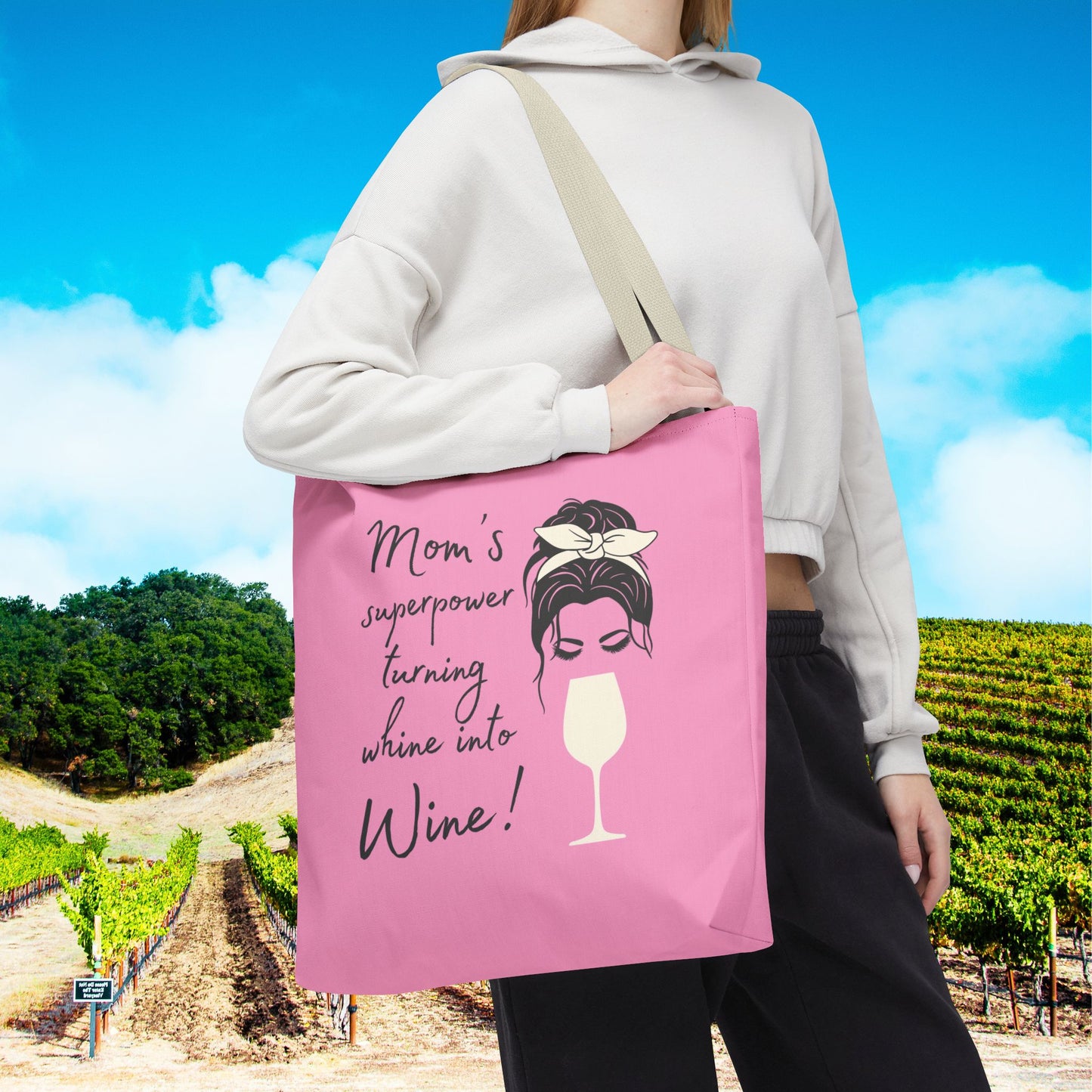 Mom's superpower, turning whine into Wine! Tote Bag