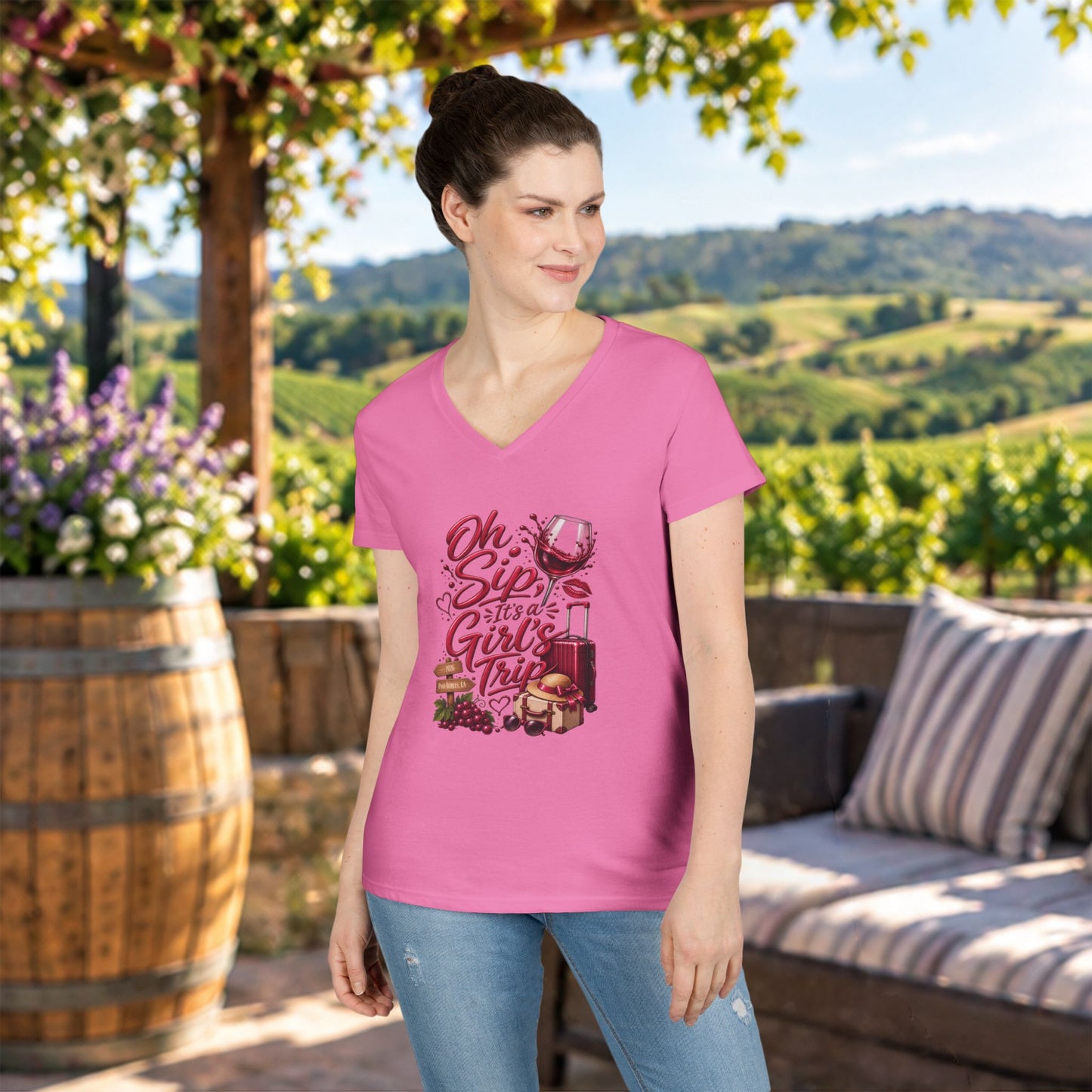 Oh Sip It's A Girl's Trip Personalized Ladies V-Neck Tee