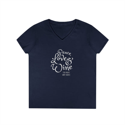 Peace, Love & Wine Text Ladies V-Neck Tee