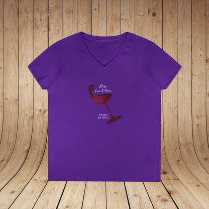 Peace, Love & Wine Glass Ladies V-Neck Tee