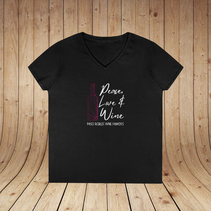Peace, Love & Wine Bottle Ladies V-Neck Tee