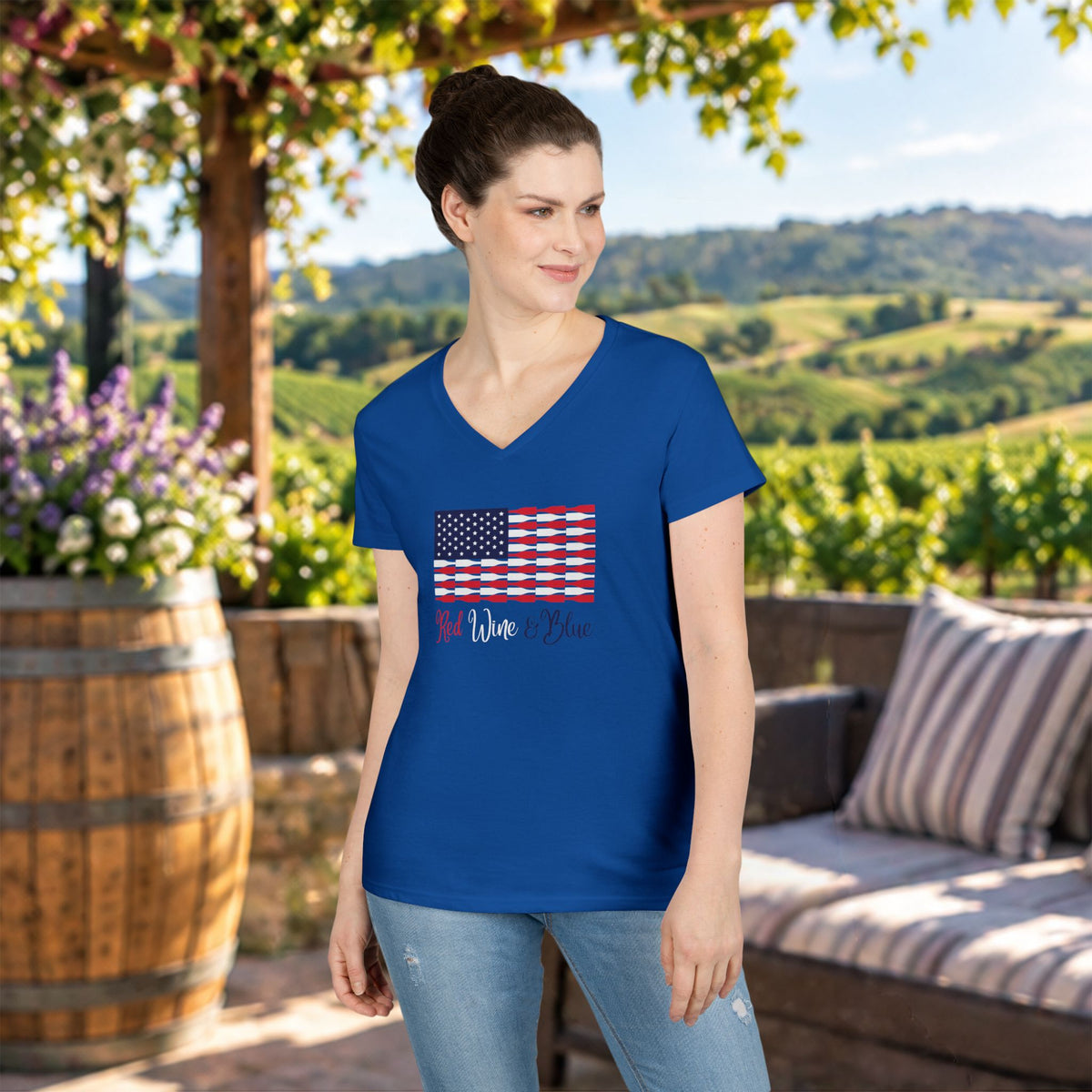 Red Wine & Blue Independence Day Ladies V-Neck T-Shirt